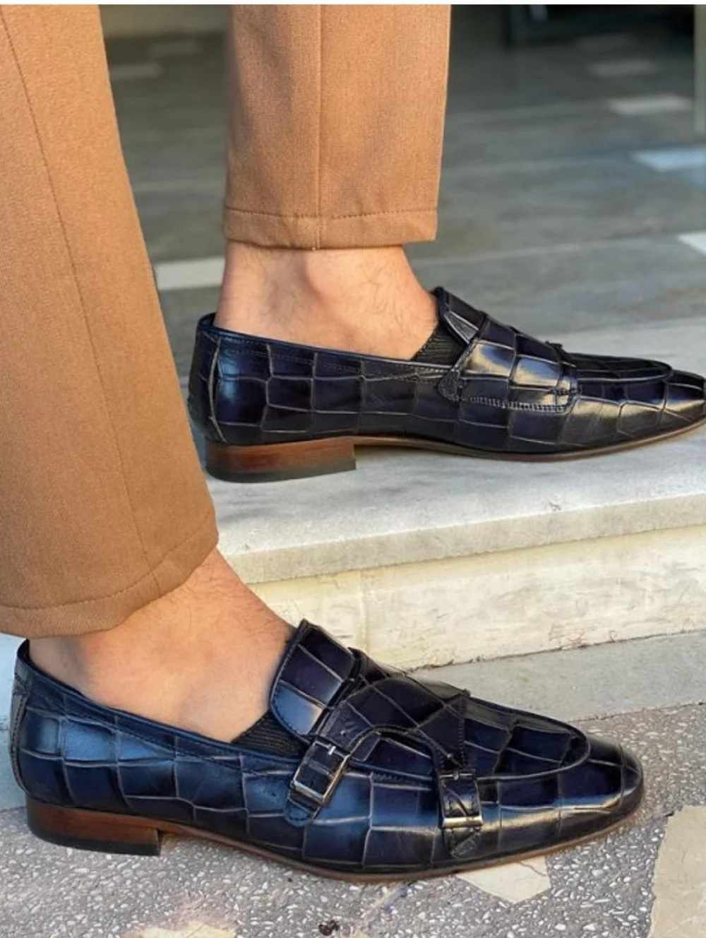 Sardinelli Barletta Italy Quiet Luxury Navy Double Monk Strap Loafers Sz 43/10